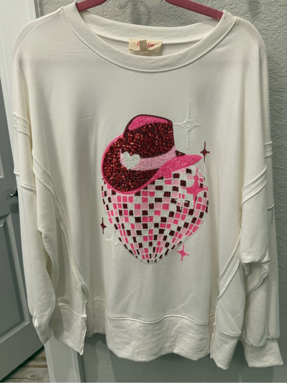 Peach Love California white Sweatshirt with Hot Pink Sequin Detail